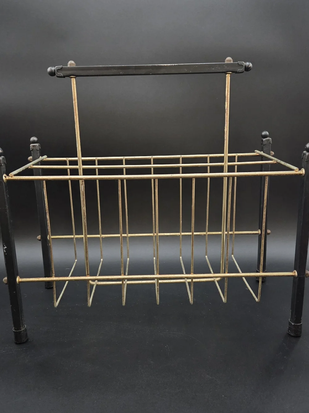 Vintage MCM Minimalist Gilt Brass Cage Rustic Iron Frame Design Magazine Rack